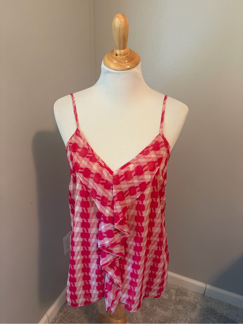 CAbi Pink Gingham Ruffle Camisole Oh lala Top #341